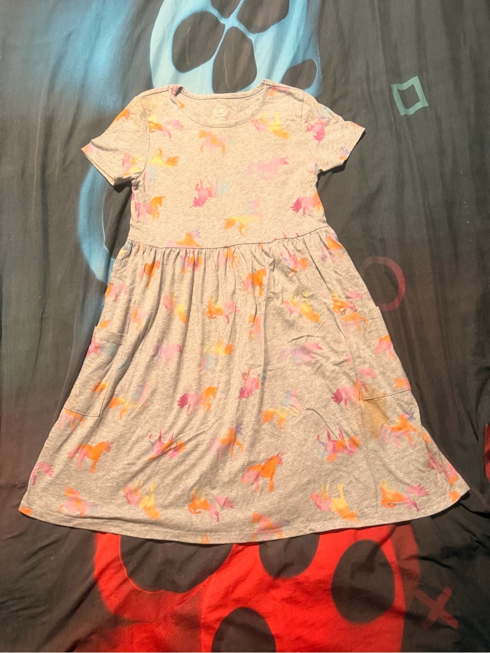 wonder nation Gray Short-Sleeve Dress with Pink & Orange Unicorns